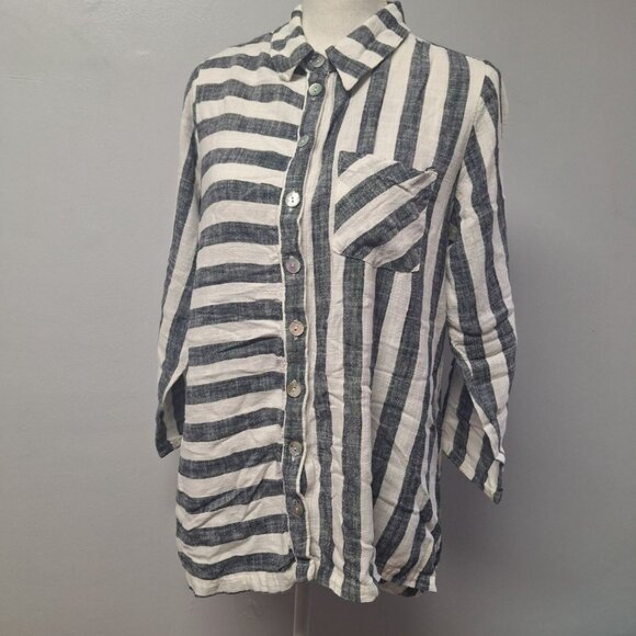 Soft Surroundings Button Down Linen Shirt Top Collared Womens Medium Stripes - Picture 12 of 12